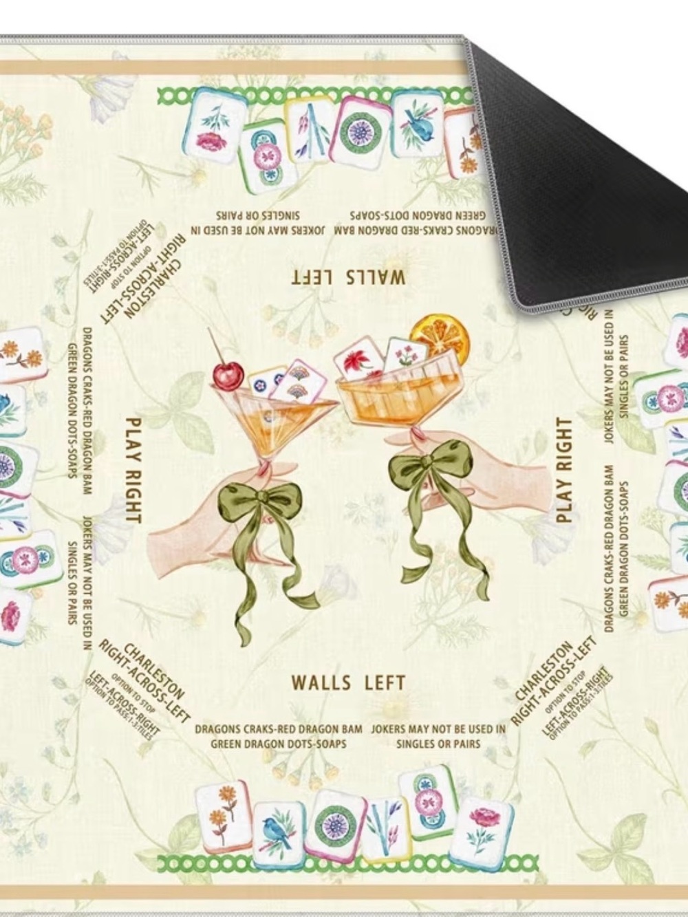 Vintage Mahjong Game Mat - Cream Floral Cocktail Design